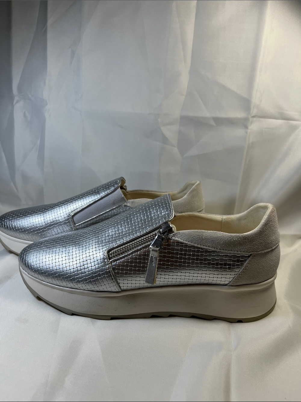 Geox Metallic Silver Slip-On Platform Sneakers with Suede Trim